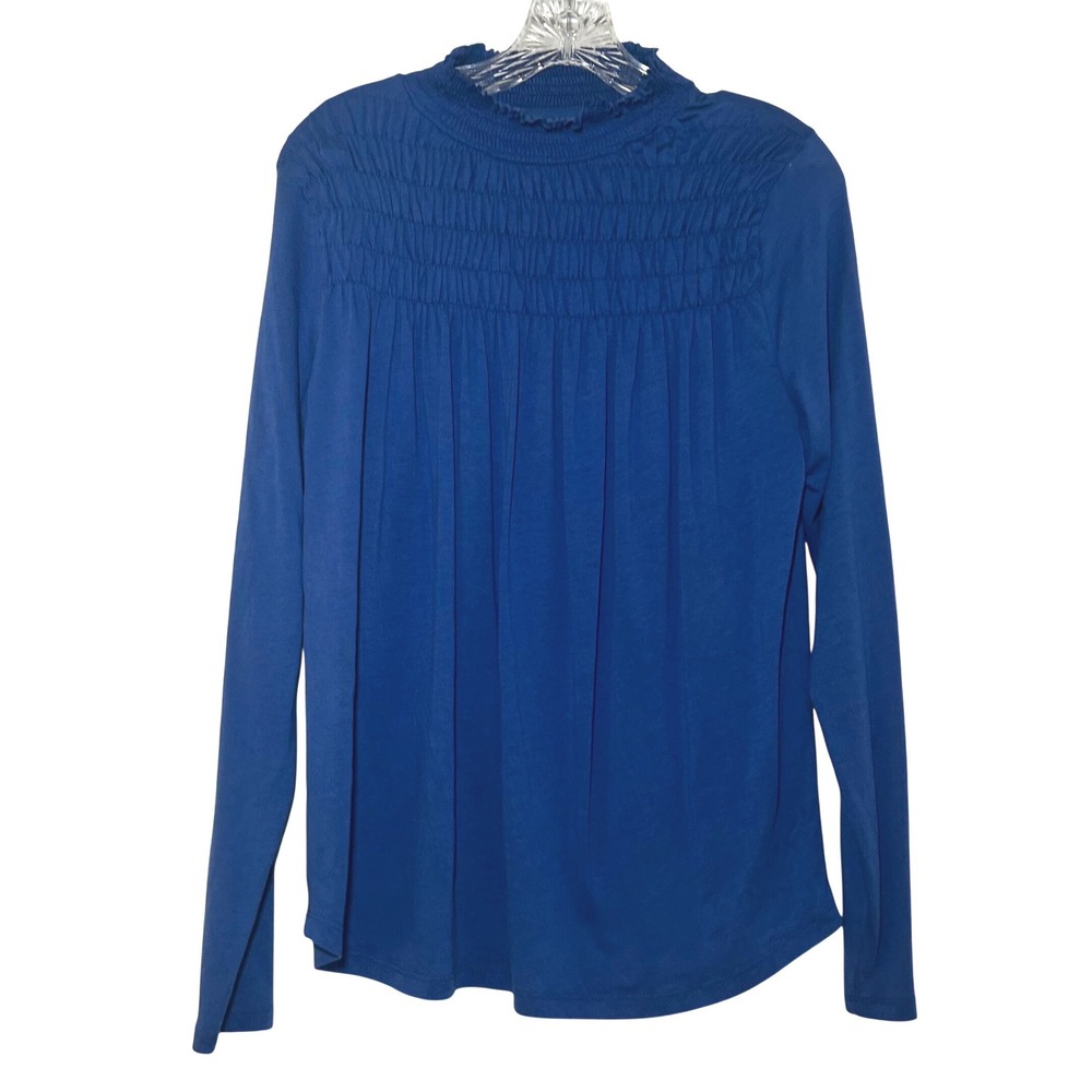 Sundance Royal Blue Smocked Mock Neck Ruffle Long Sleeve Top Large Cotton blend